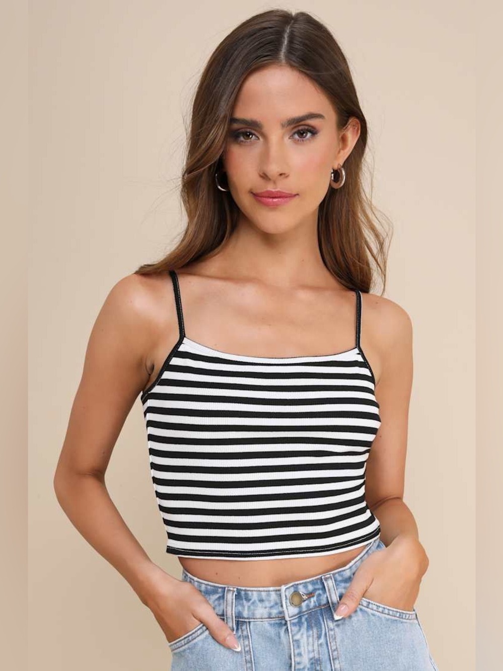 New Lulus Black & White Striped Tank Crop Top